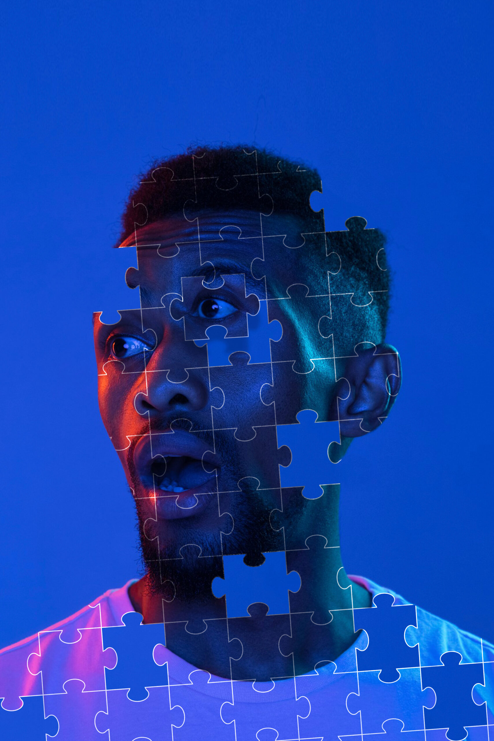 A distorted AI-generated face with glitch effects, symbolizing a deepfake video.